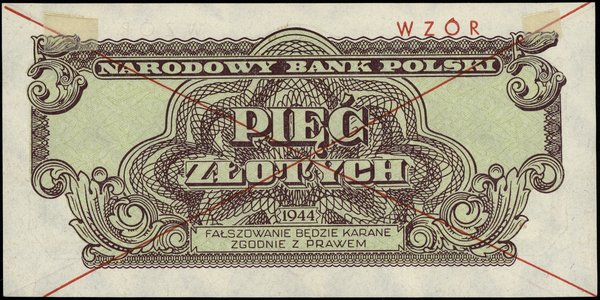 5 złotych, 1944; w klauzuli OBOWIĄZKOWE, czerwon