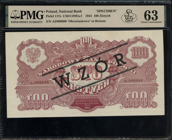 100 złotych, 1944; w klauzuli OBOWIĄZKOWE, czarn