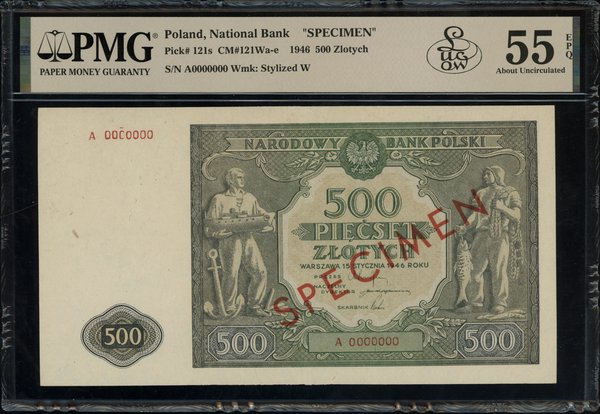 500 złotych, 15.01.1946; po obu stronach ukośny 