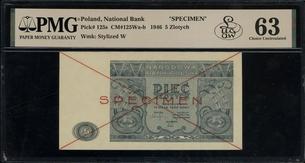 5 złotych, 15.05.1946; czerwone dwukrotne skreśl