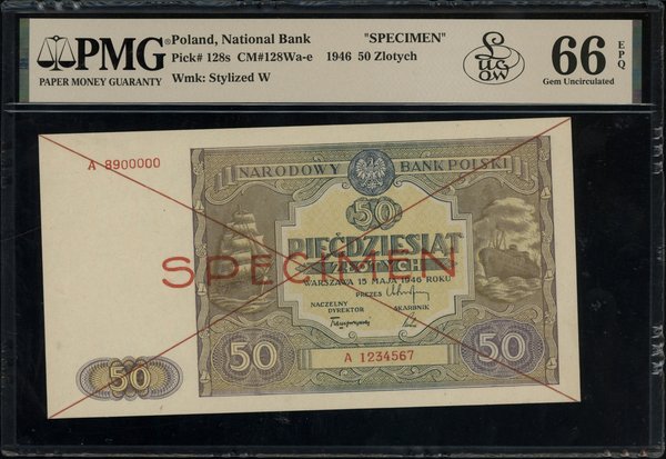 50 złotych, 15.05.1946; czerwone dwukrotne skreś