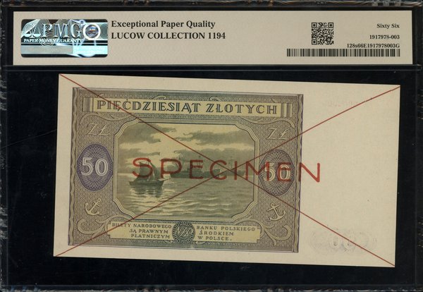 50 złotych, 15.05.1946; czerwone dwukrotne skreś