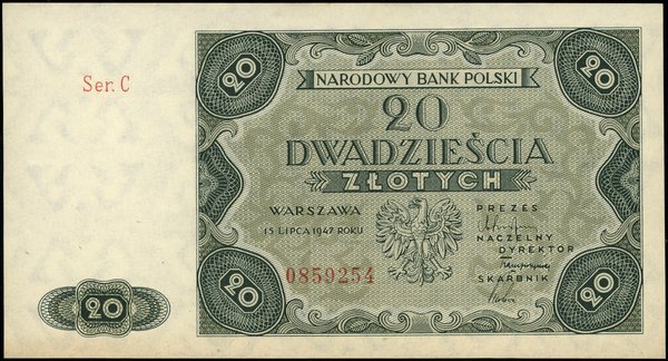 20 złotych, 15.07.1947; seria C, numeracja 08592