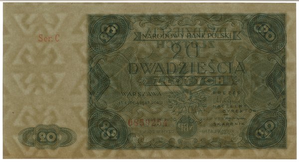 20 złotych, 15.07.1947; seria C, numeracja 08592