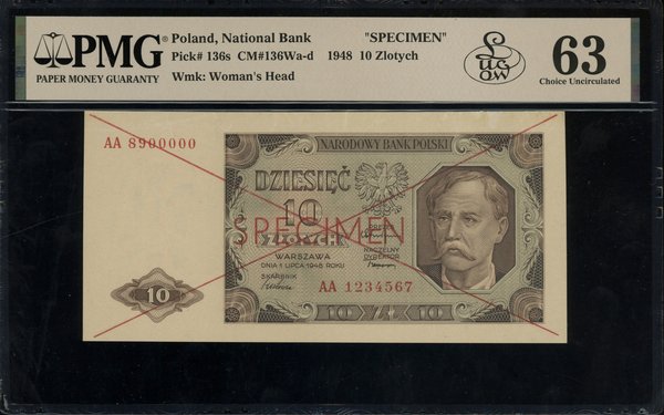 10 złotych, 1.07.1948; obustronnie czerwone dwuk