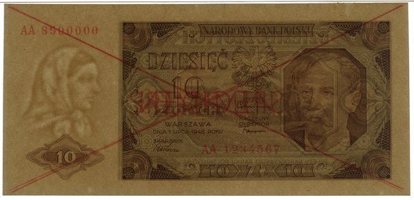 10 złotych, 1.07.1948; obustronnie czerwone dwuk