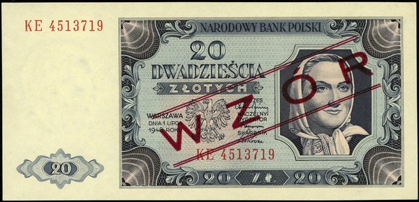 20 złotych, 1.07.1948; czerwony ukośny nadruk “W