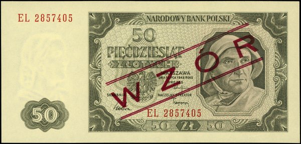 50 złotych, 1.07.1948; czerwony ukośny nadruk “W