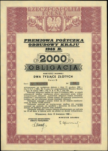 Obligacja wartości imiennej na 2.000 złotych Premiowej Pożyczki Odbudowy Kraju, 15.04.1946