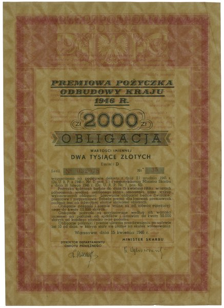 Obligacja wartości imiennej na 2.000 złotych Premiowej Pożyczki Odbudowy Kraju, 15.04.1946