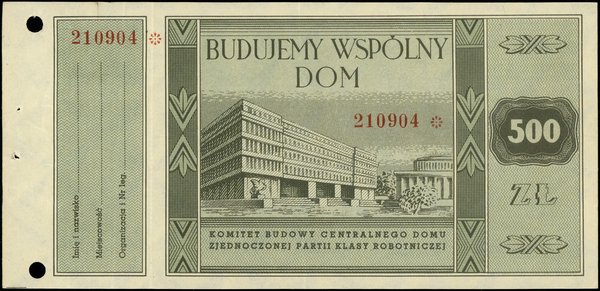 Kwit datku 500 złotych na budowę siedziby Zjednoczonej Partii Klasy Robotniczej, [1946]