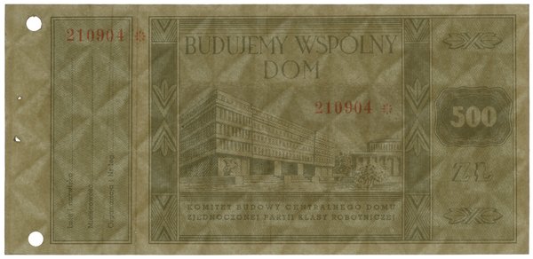 Kwit datku 500 złotych na budowę siedziby Zjednoczonej Partii Klasy Robotniczej, [1946]