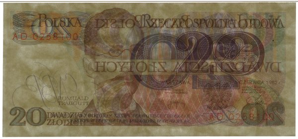 20 złotych, 1.06.1982; seria AD, numeracja 02581