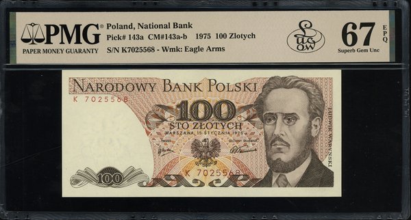 100 złotych, 15.01.1975; bardzo rzadka seria K, 