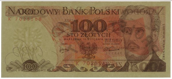 100 złotych, 15.01.1975; bardzo rzadka seria K, 