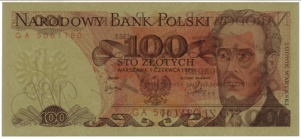 100 złotych, 1.06.1979; rzadsza seria GA, numera