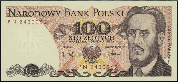 100 złotych, 1.12.1988; seria PN, numeracja 2430