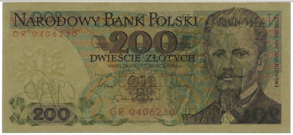 200 złotych, 1.06.1986; seria CR, numeracja 0406