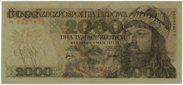 2.000 złotych, 1.05.1977; rzadka seria H, numera