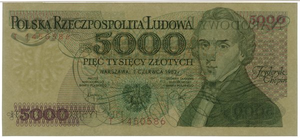 5.000 złotych, 1.06.1982; rzadka seria T, numera