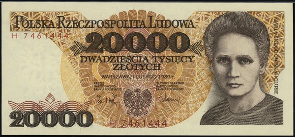 20.000 złotych, 1.02.1989; rzadka seria H, numer