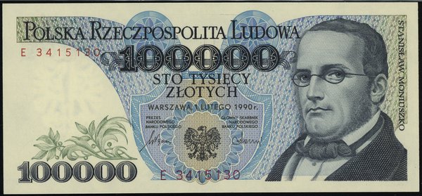 100.000 złotych, 1.02.1990; rzadka seria E, nume