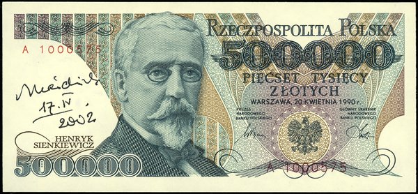 500.000 złotych, 20.04.1990; seria A, numeracja 