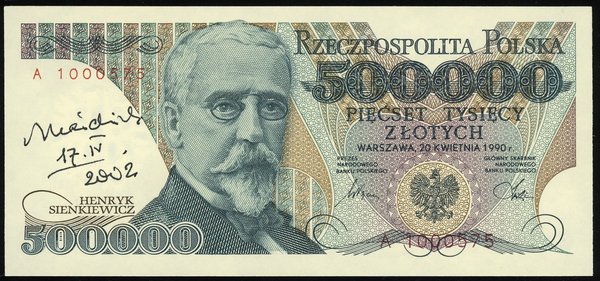 500.000 złotych, 20.04.1990; seria A, numeracja 