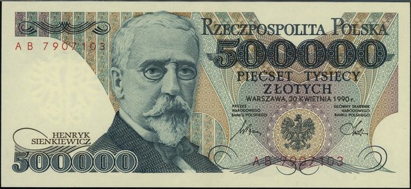 500.000 złotych, 20.04.1990; bardzo rzadka seria