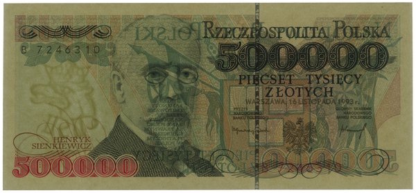 500.000 złotych, 16.11.1993; rzadka seria B, num