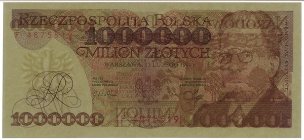 1.000.000 złotych, 15.02.1991; rzadka seria F, n