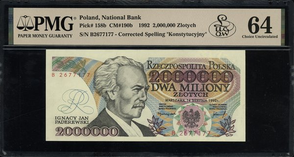 2.000.000 złotych, 14.08.1992; seria B, numeracj