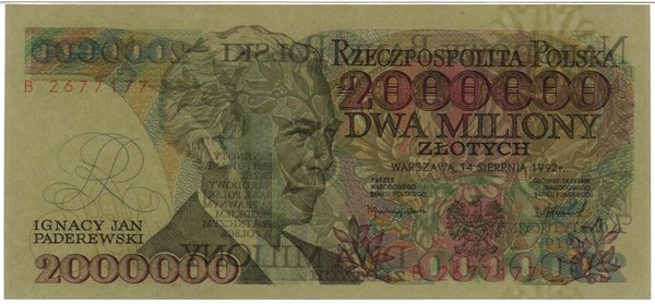 2.000.000 złotych, 14.08.1992; seria B, numeracj