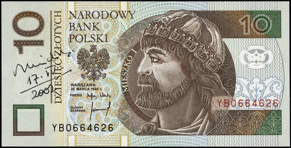 10 złotych, 25.03.1994; seria YB, numeracja 0664