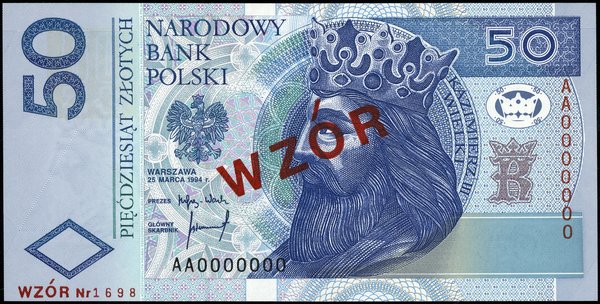 50 złotych, 25.03.1994; seria AA, numeracja 0000