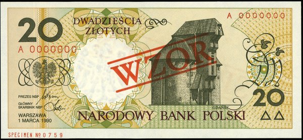 20 złotych, 1.03.1990; seria A, numeracja 000000