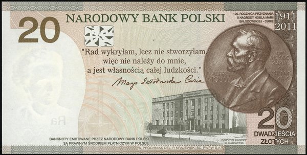 20 złotych, 20.04.2011; Maria Skłodowska-Curie –