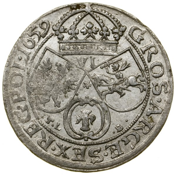 Szóstak, 1659 TLB, Kraków; w legendzie awersu SV