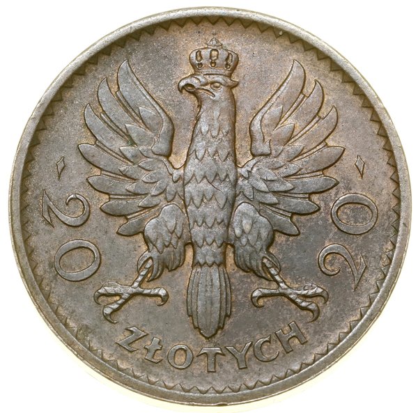 20 złotych, 1925, Warszawa; Głowa kobiety w czep