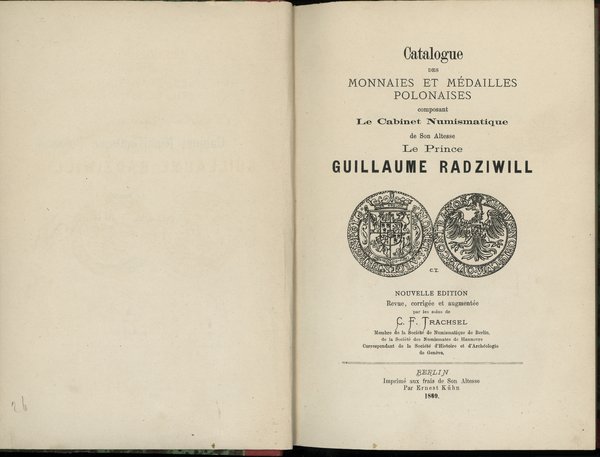 Trachsel C.F. – Catalogue des monnaies et médailles polonaises composant Le Cabinet Numismatique de son altesse le Prince Guillaume Radziwill