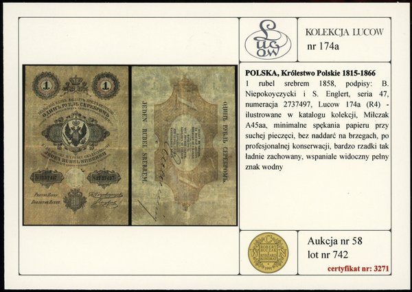 1 rubel srebrem, 1858; podpisy prezesa i dyrekto