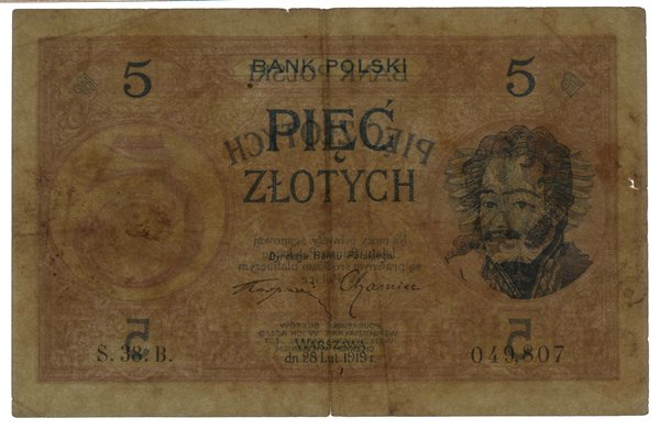 5 złotych, 28.02.1919; seria 38.B., numeracja 04