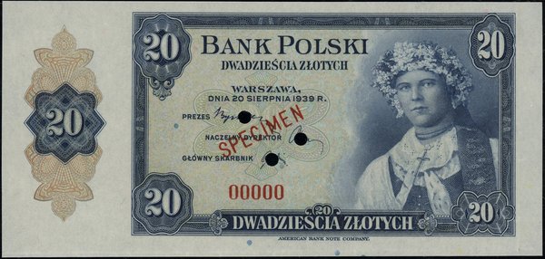 20 złotych, 20.08.1939; numeracja 00000, czerwon