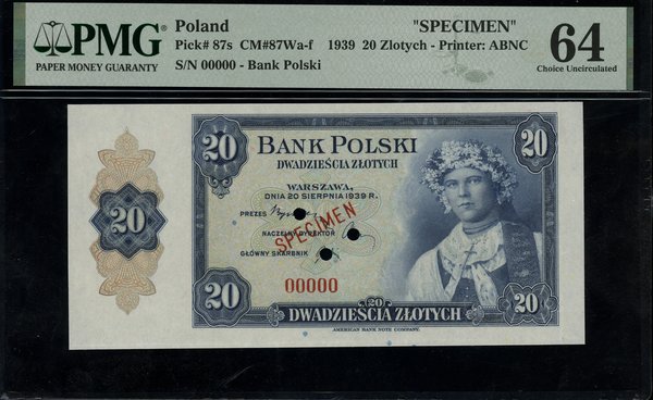 20 złotych, 20.08.1939; numeracja 00000, czerwon