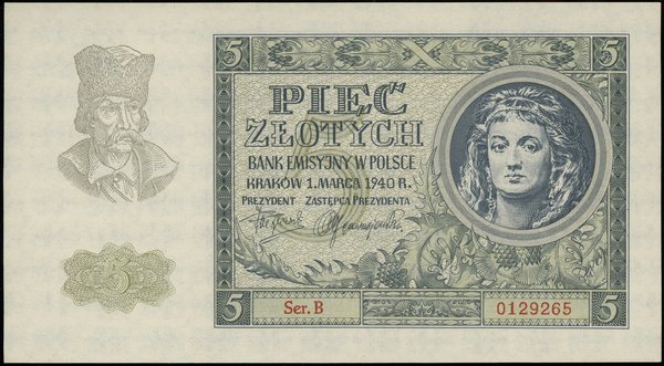 5 złotych, 1.03.1940, seria B, numeracja 0129265