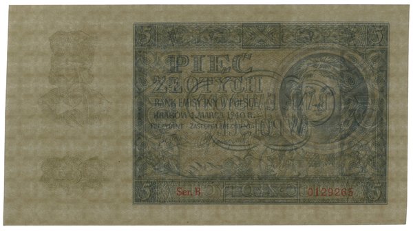 5 złotych, 1.03.1940, seria B, numeracja 0129265