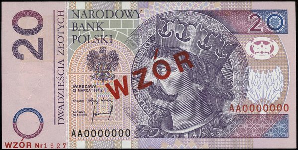 20 złotych, 25.03.1994; seria AA, numeracja 0000