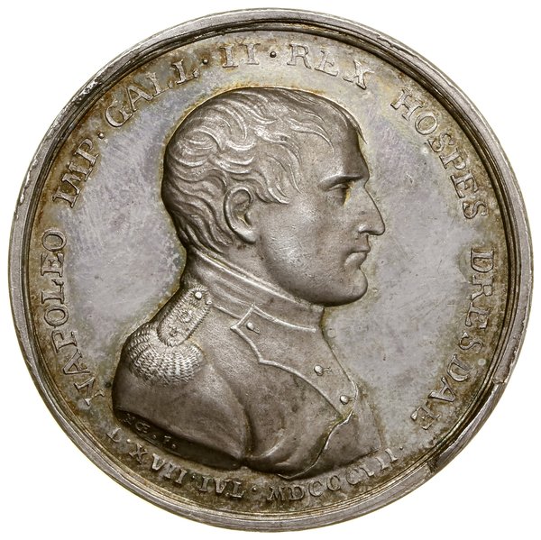 Medal na pamiątkę pobytu Napoleona w Dreźnie i utworzenia Księstwa Warszawskiego, 1807, projektował i wykonał Carl Wilhelm Hoeckner, Drezno(?)