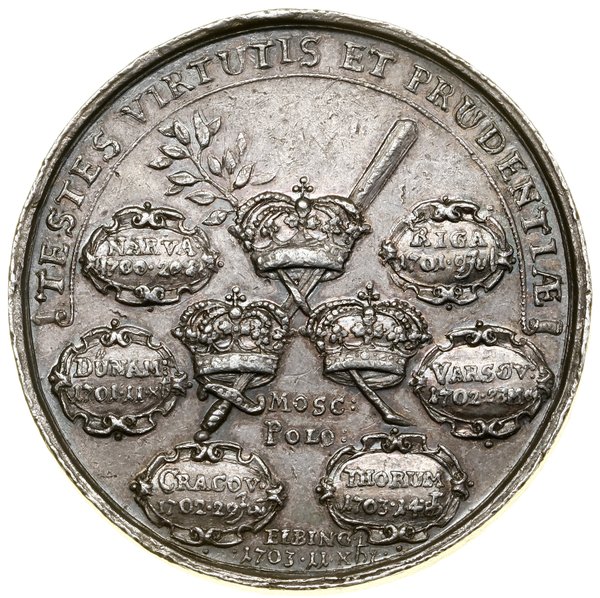 Medal na pamiątkę zwycięstw Karola XII, 1703, projektował i wykonał Georg Hautsch