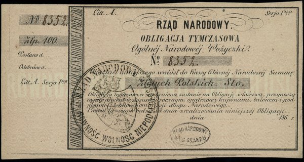 Obligacja tymczasowa Ogólnej Narodowej Pożyczki na 100 złotych z roku 1863